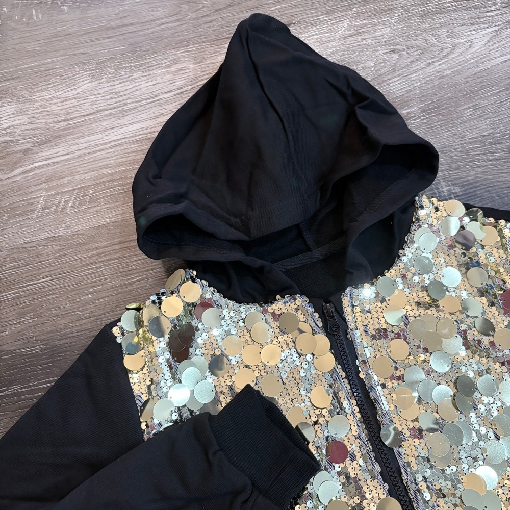 Welaken Girls Sequin Black and Gold Hoodie Jacket Full Zip.‎